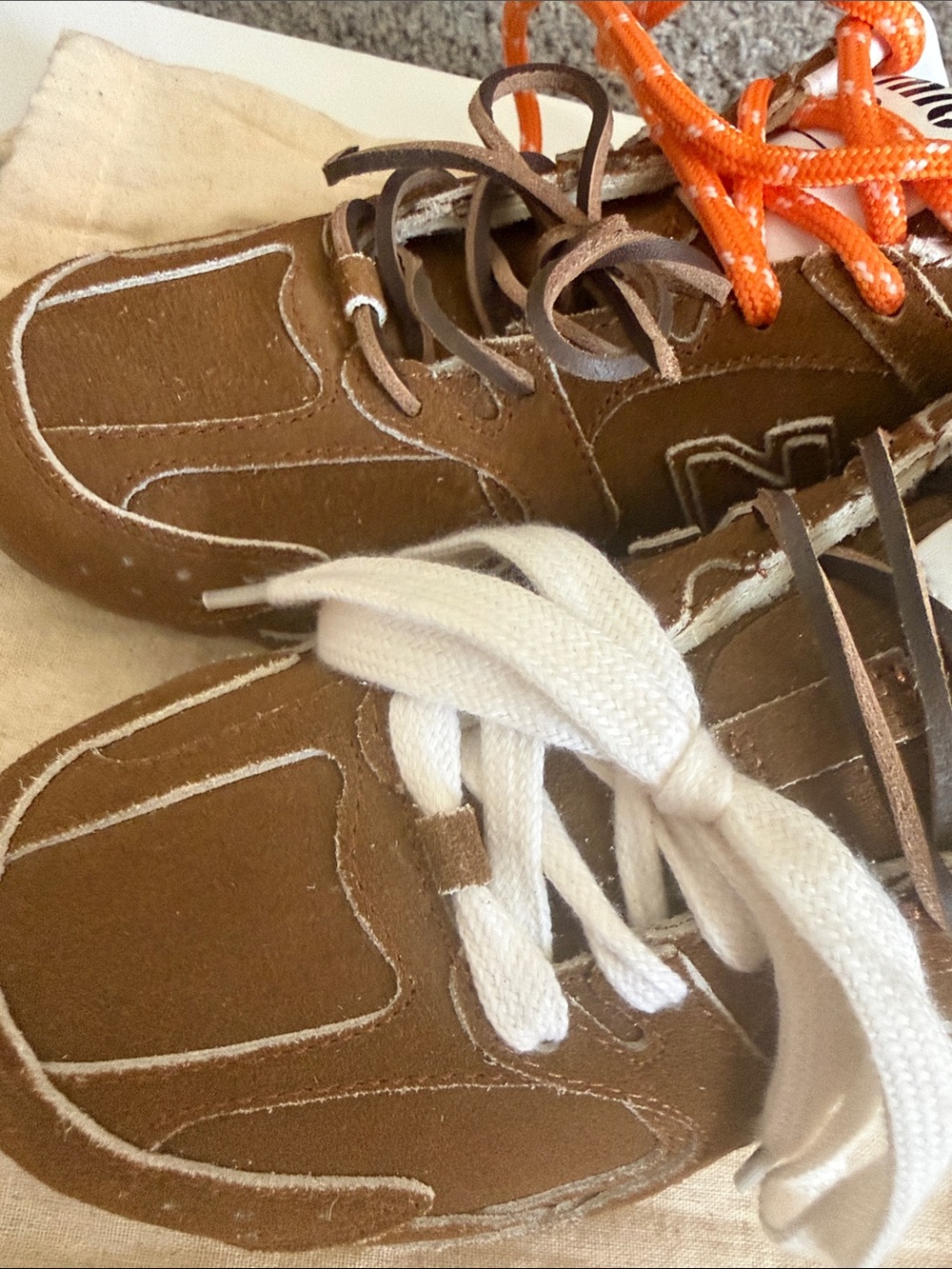 New Balance Brown Suede Sneakers with Orange and White Laces - Picture 3 of 7